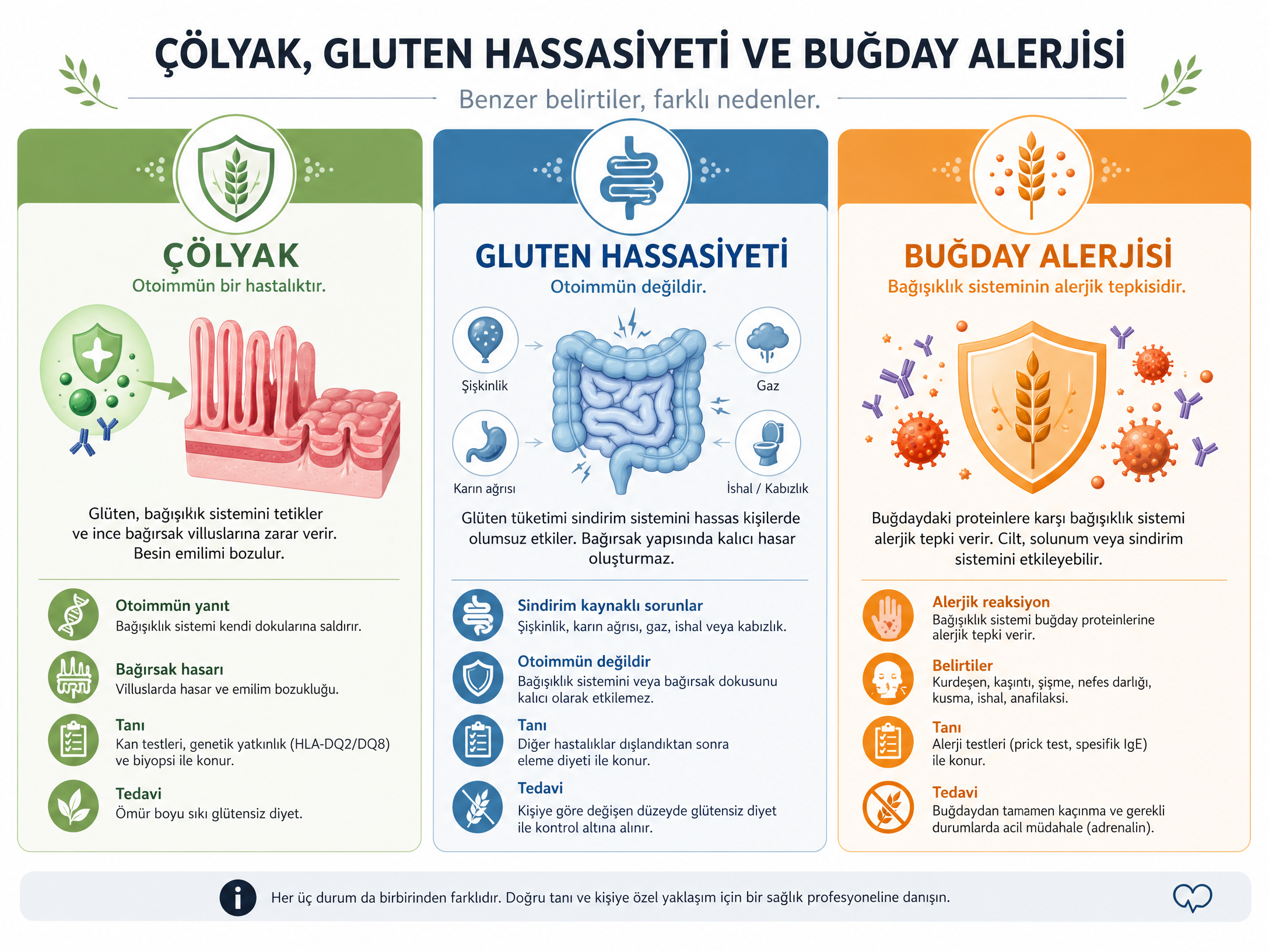 Çölyak, Gluten Hassasiyeti ve Buğday Alerjisi Karşılaştırması